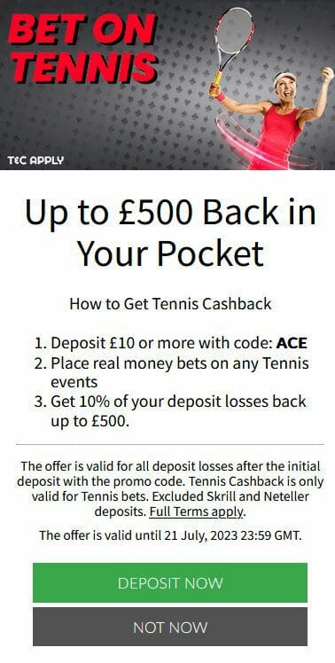 21LuckyBet Tennis Cashback Offer Screenshot