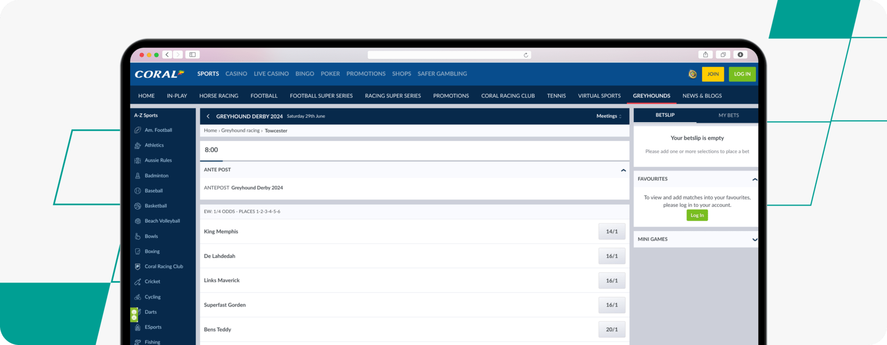 screenshot of coral greyhound derby betting odds