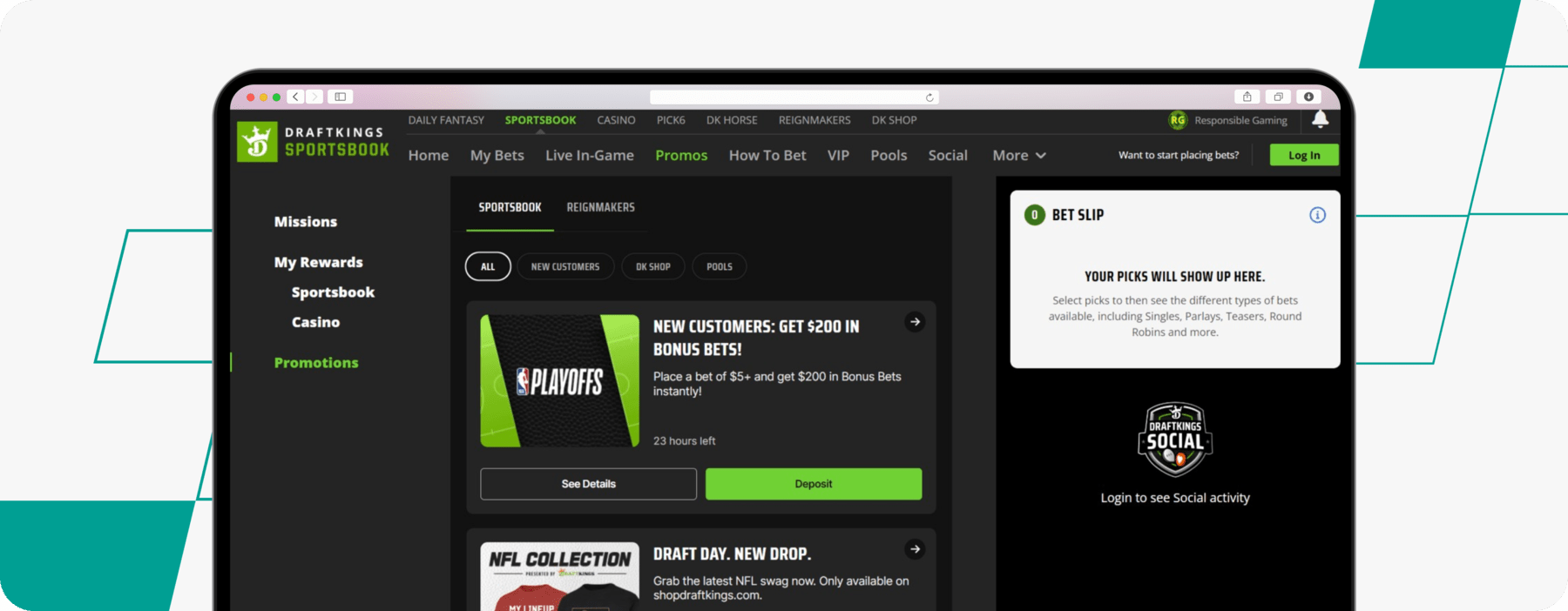 screenshot of draftkings sportsbook promotions page