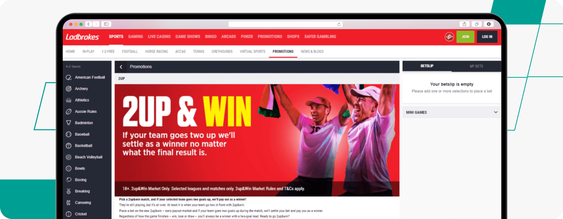 Screenshot of Ladbrokes 2Up & Win Offer. (Source: Ladbrokes)