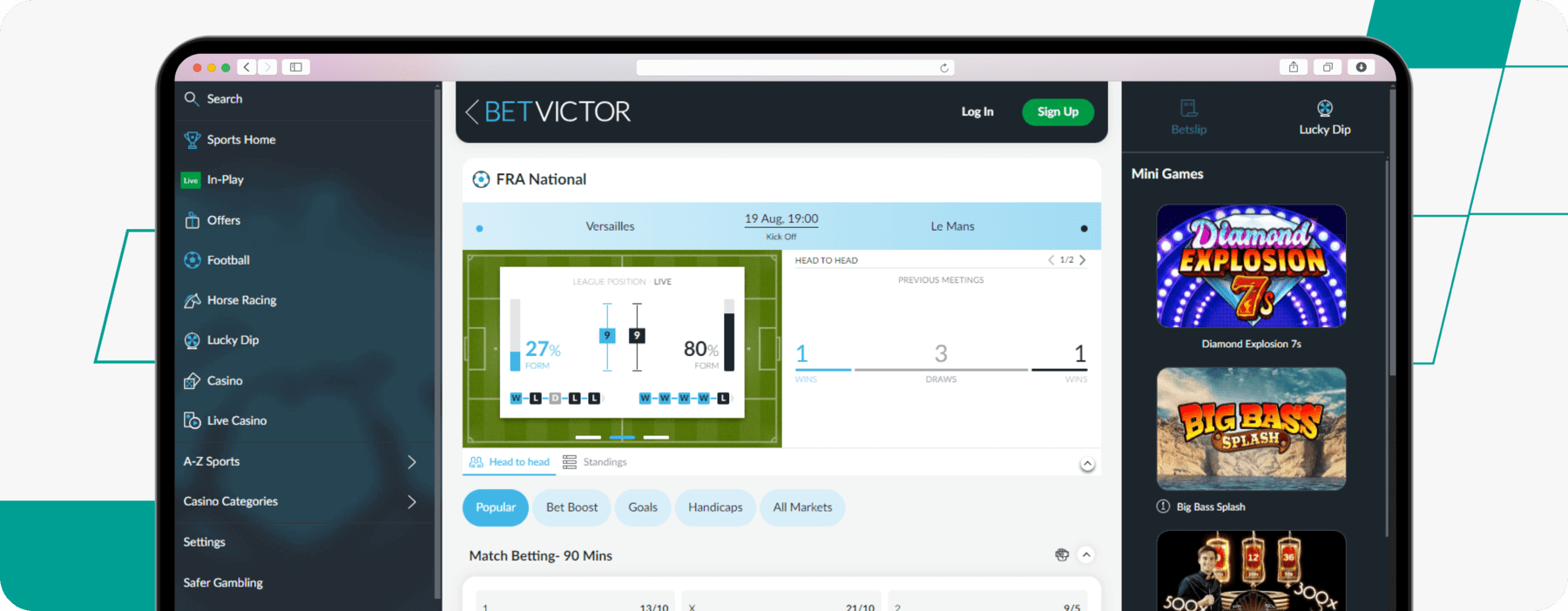 screenshot showing betvictor betting markets